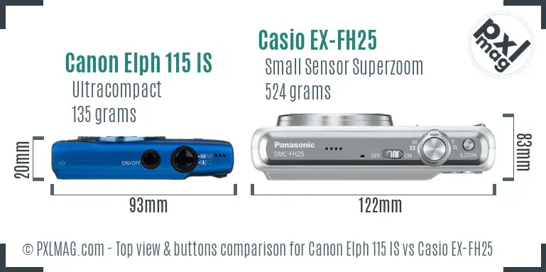 Canon Elph 115 IS vs Casio EX-FH25 top view buttons comparison Canon Elph 115 IS vs Casio EX-FH25 top view buttons comparison