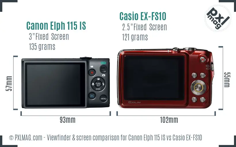 Canon Elph 115 IS vs Casio EX-FS10 Screen and Viewfinder comparison