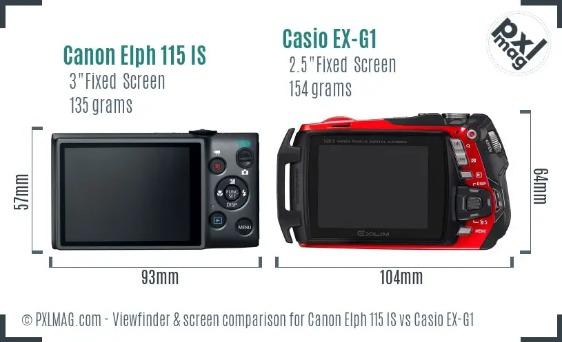 Canon Elph 115 IS vs Casio EX-G1 Screen and Viewfinder comparison