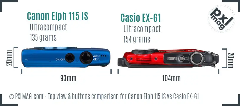 Canon Elph 115 IS vs Casio EX-G1 top view buttons comparison