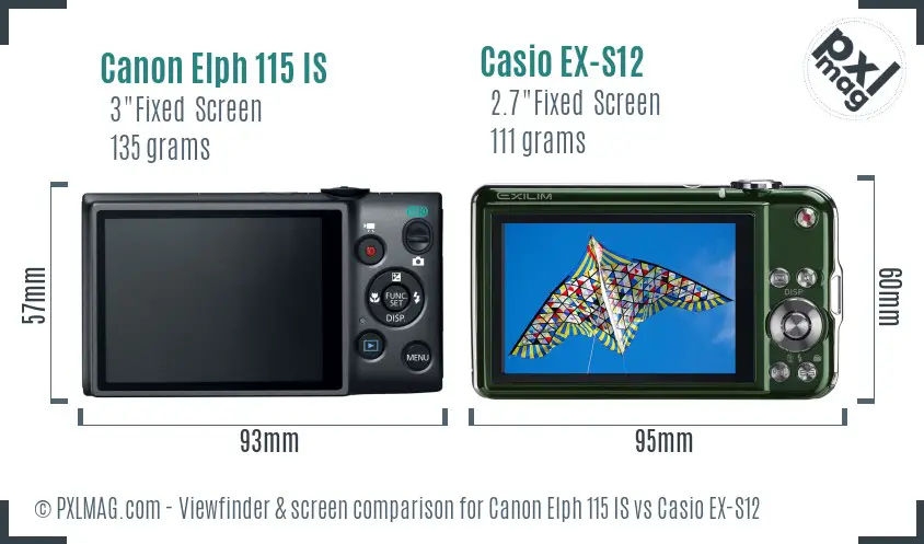 Canon Elph 115 IS vs Casio EX-S12 Screen and Viewfinder comparison