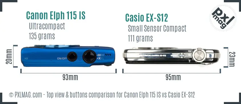 Canon Elph 115 IS vs Casio EX-S12 top view buttons comparison