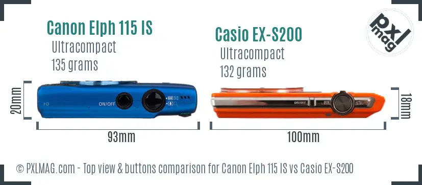 Canon Elph 115 IS vs Casio EX-S200 top view buttons comparison