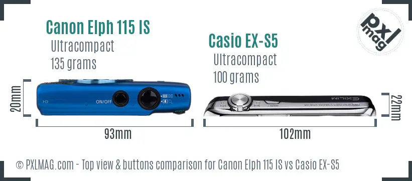 Canon Elph 115 IS vs Casio EX-S5 top view buttons comparison