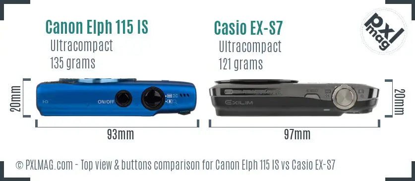 Canon Elph 115 IS vs Casio EX-S7 top view buttons comparison Canon Elph 115 IS vs Casio EX-S7 top view buttons comparison