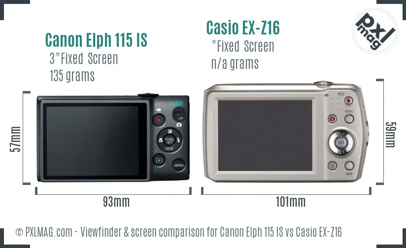 Canon Elph 115 IS vs Casio EX-Z16 Screen and Viewfinder comparison