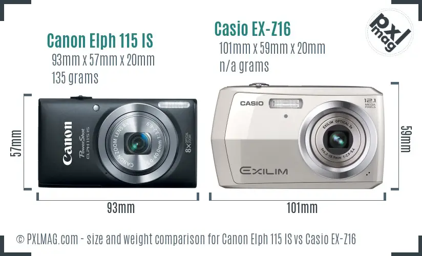 Canon Elph 115 IS vs Casio EX-Z16 size comparison