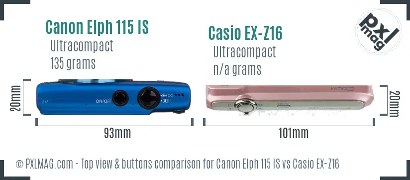 Canon Elph 115 IS vs Casio EX-Z16 top view buttons comparison