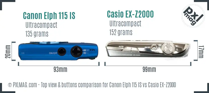 Canon Elph 115 IS vs Casio EX-Z2000 top view buttons comparison