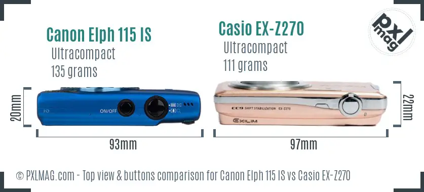 Canon Elph 115 IS vs Casio EX-Z270 top view buttons comparison
