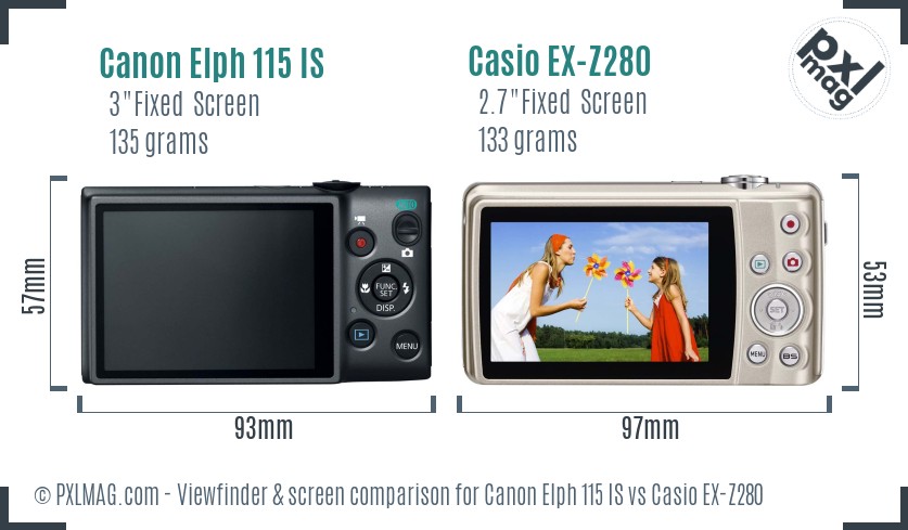 Canon Elph 115 IS vs Casio EX-Z280 Screen and Viewfinder comparison