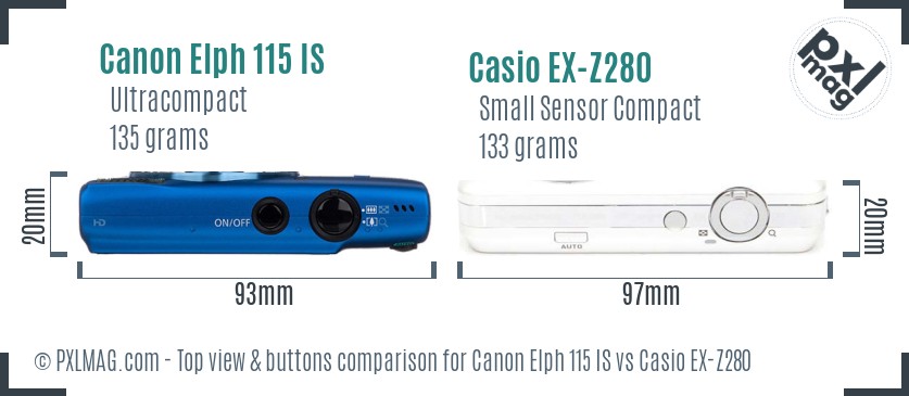 Canon Elph 115 IS vs Casio EX-Z280 top view buttons comparison