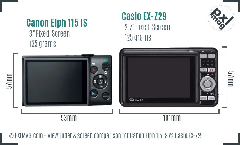 Canon Elph 115 IS vs Casio EX-Z29 Screen and Viewfinder comparison