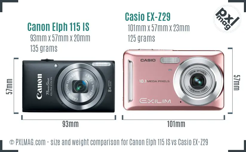 Canon Elph 115 IS vs Casio EX-Z29 size comparison