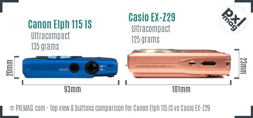 Canon Elph 115 IS vs Casio EX-Z29 top view buttons comparison