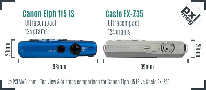 Canon Elph 115 IS vs Casio EX-Z35 top view buttons comparison