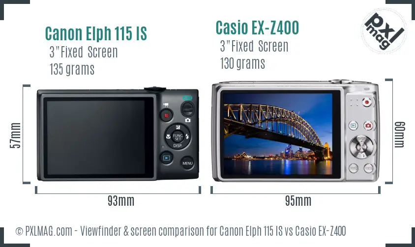 Canon Elph 115 IS vs Casio EX-Z400 Screen and Viewfinder comparison