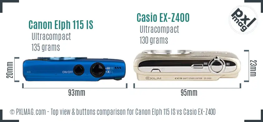 Canon Elph 115 IS vs Casio EX-Z400 top view buttons comparison