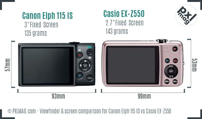 Canon Elph 115 IS vs Casio EX-Z550 Screen and Viewfinder comparison
