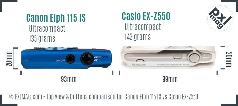 Canon Elph 115 IS vs Casio EX-Z550 top view buttons comparison