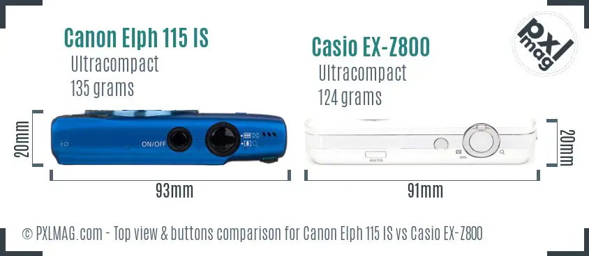 Canon Elph 115 IS vs Casio EX-Z800 top view buttons comparison