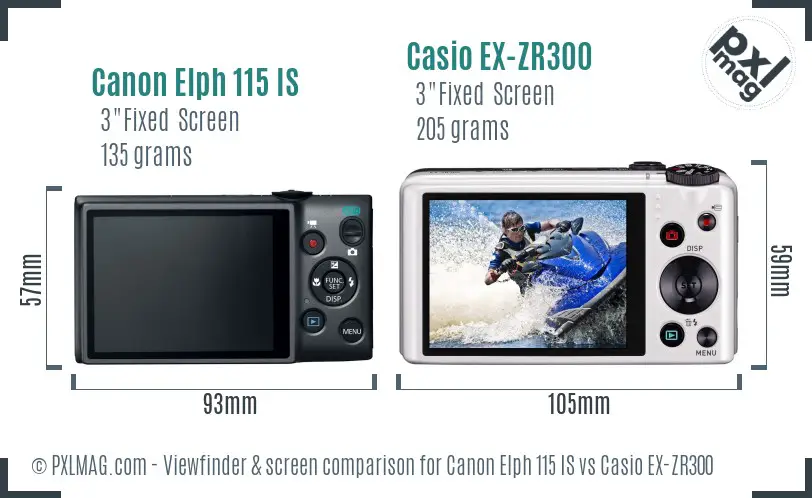 Canon Elph 115 IS vs Casio EX-ZR300 Screen and Viewfinder comparison