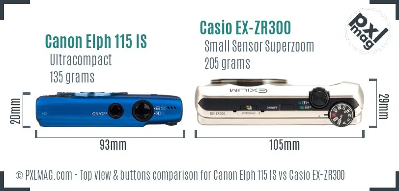 Canon Elph 115 IS vs Casio EX-ZR300 top view buttons comparison