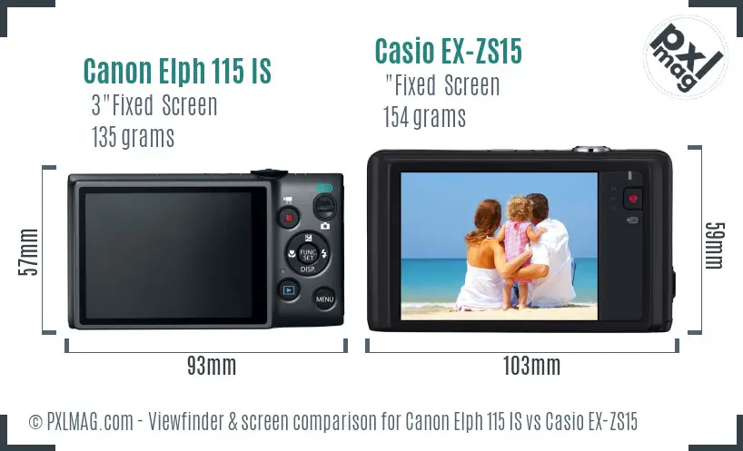 Canon Elph 115 IS vs Casio EX-ZS15 Screen and Viewfinder comparison