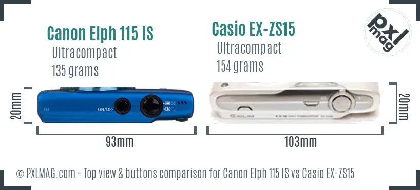 Canon Elph 115 IS vs Casio EX-ZS15 top view buttons comparison