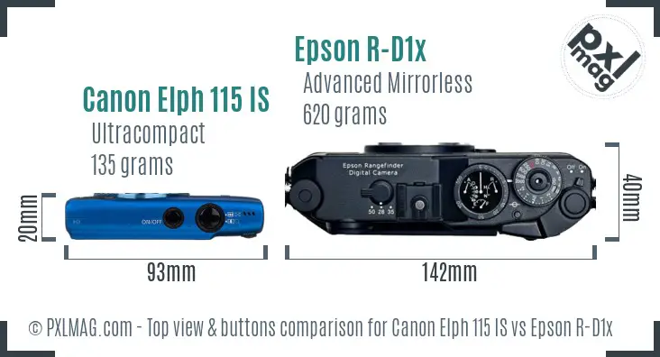 Canon Elph 115 IS vs Epson R-D1x top view buttons comparison Canon Elph 115 IS vs Epson R-D1x top view buttons comparison