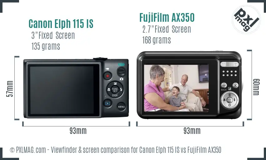 Canon Elph 115 IS vs FujiFilm AX350 Screen and Viewfinder comparison