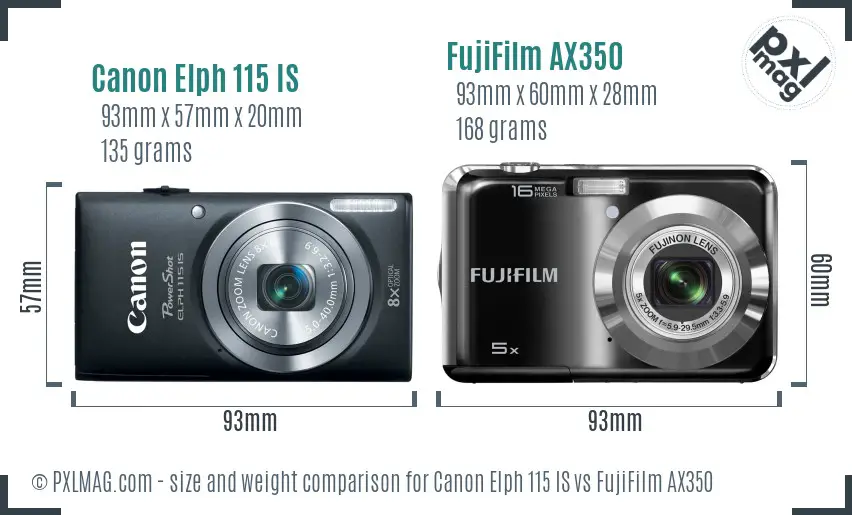 Canon Elph 115 IS vs FujiFilm AX350 size comparison
