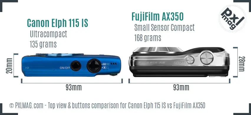 Canon Elph 115 IS vs FujiFilm AX350 top view buttons comparison