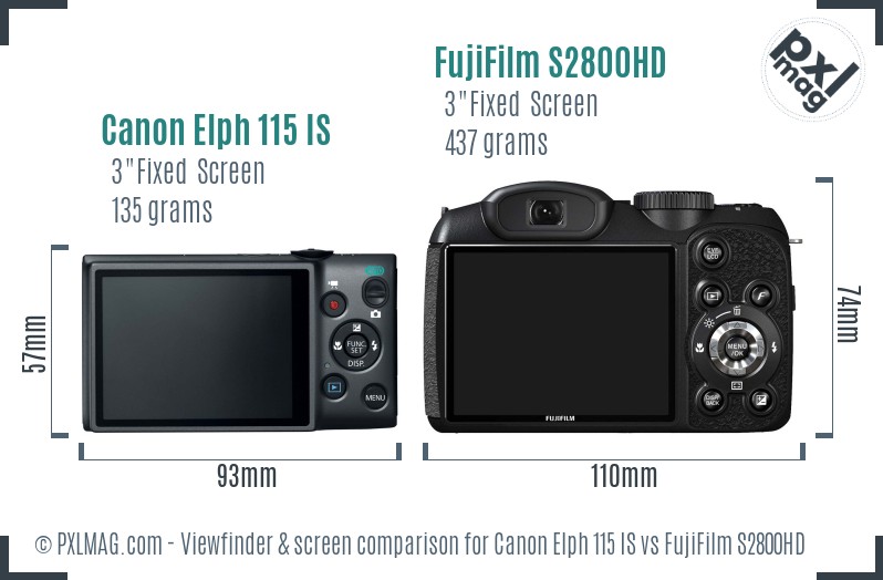 Canon Elph 115 IS vs FujiFilm S2800HD Screen and Viewfinder comparison