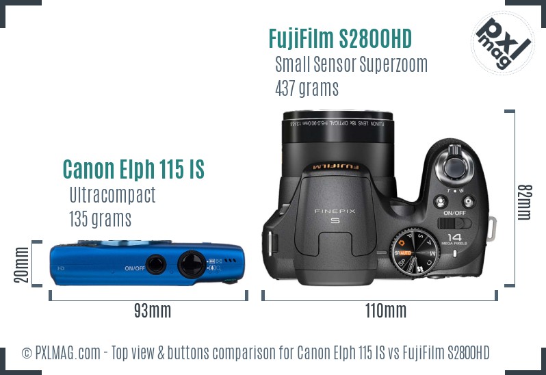 Canon Elph 115 IS vs FujiFilm S2800HD top view buttons comparison
