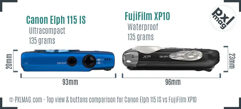 Canon Elph 115 IS vs FujiFilm XP10 top view buttons comparison