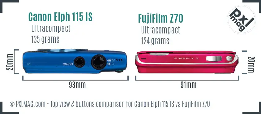 Canon Elph 115 IS vs FujiFilm Z70 top view buttons comparison
