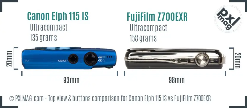 Canon Elph 115 IS vs FujiFilm Z700EXR top view buttons comparison