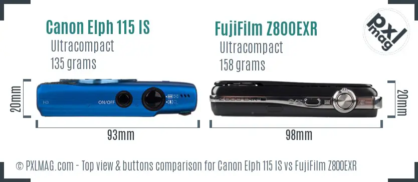 Canon Elph 115 IS vs FujiFilm Z800EXR top view buttons comparison