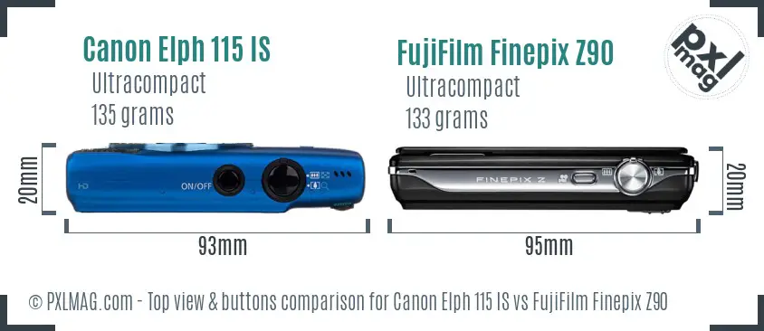 Canon Elph 115 IS vs FujiFilm Finepix Z90 top view buttons comparison
