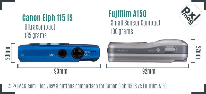Canon Elph 115 IS vs Fujifilm A150 top view buttons comparison Canon Elph 115 IS vs Fujifilm A150 top view buttons comparison