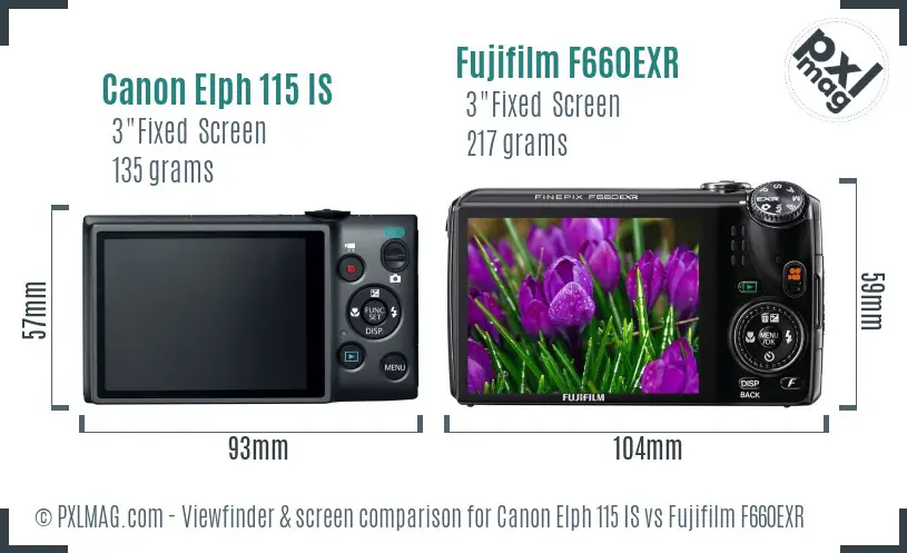 Canon Elph 115 IS vs Fujifilm F660EXR Screen and Viewfinder comparison