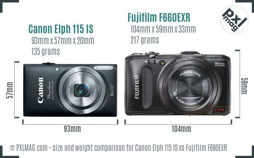 Canon Elph 115 IS vs Fujifilm F660EXR size comparison Canon Elph 115 IS vs Fujifilm F660EXR size comparison