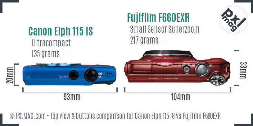 Canon Elph 115 IS vs Fujifilm F660EXR top view buttons comparison