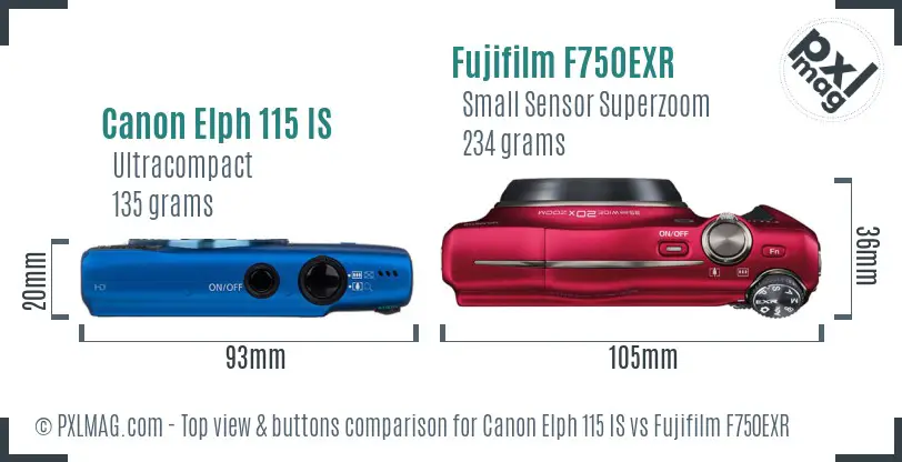 Canon Elph 115 IS vs Fujifilm F750EXR top view buttons comparison