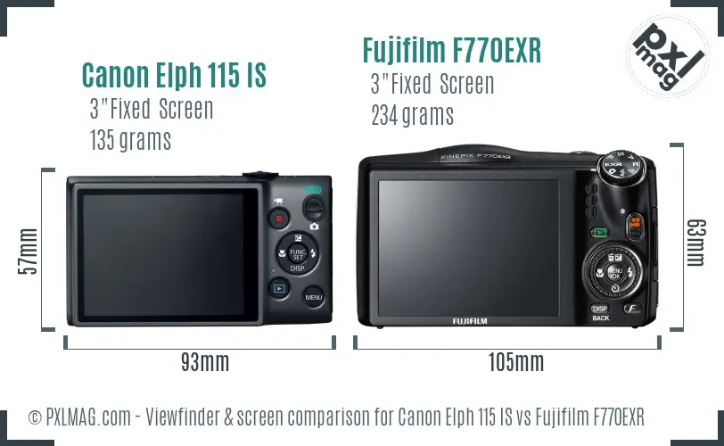 Canon Elph 115 IS vs Fujifilm F770EXR Screen and Viewfinder comparison