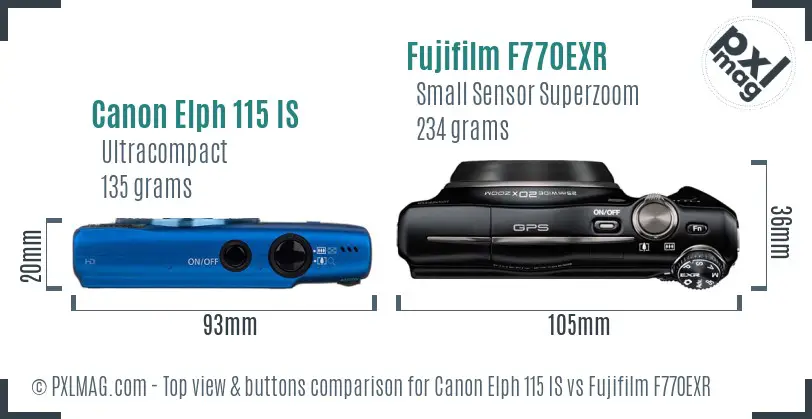 Canon Elph 115 IS vs Fujifilm F770EXR top view buttons comparison