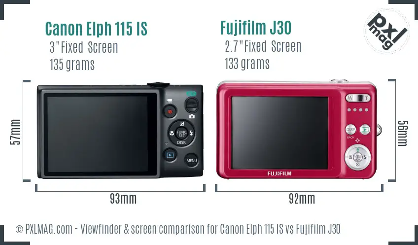 Canon Elph 115 IS vs Fujifilm J30 Screen and Viewfinder comparison