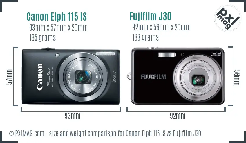 Canon Elph 115 IS vs Fujifilm J30 size comparison