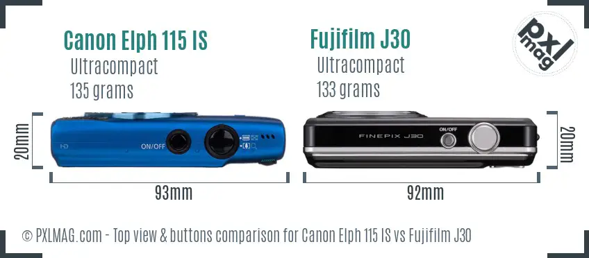 Canon Elph 115 IS vs Fujifilm J30 top view buttons comparison